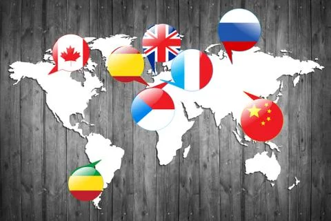 Flags of different countries on the white map. Stockillustratie