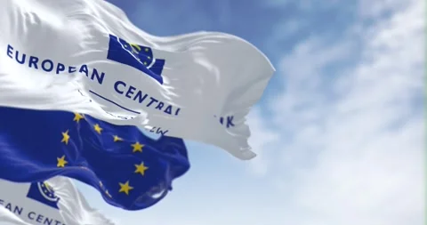 Flags of ECB and EU waving in the wind on a clear day Stock-Footage 255149118