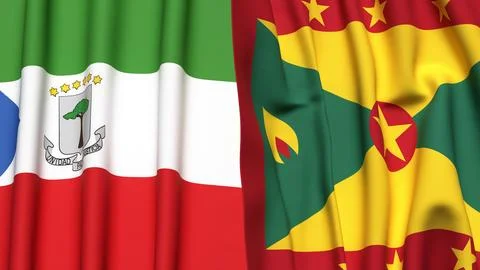 Flags of EQUATORIAL GUINEA and GRENADA with realistic cloth texture Stock Photos