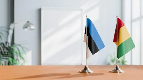 FLAGS OF ESTONIA AND GUINEA ON TABLE Stock Photos
