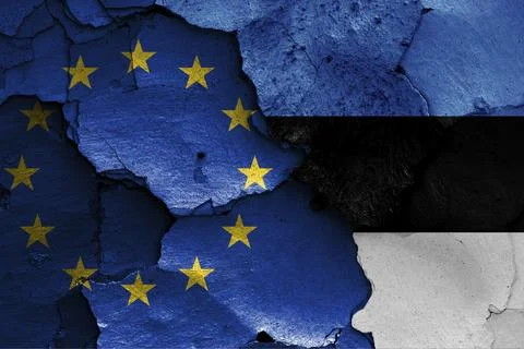 Flags of EU and Estonia painted on cracked wall Ilustración de archivo