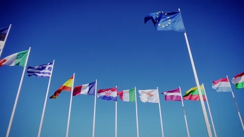Flags of EU and European countries against the blue sky Stock Footage 91744087