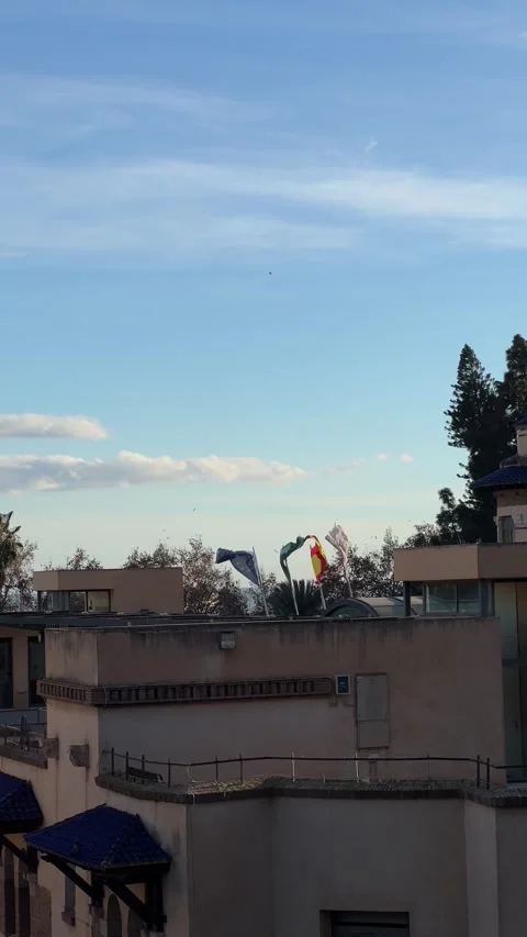 Flags of EU, Spain, Andalucia flying on wind in Malaga. Rooftop. Vertical Stock Footage 240920473