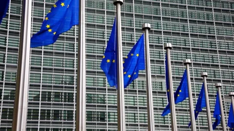 Flags of EU waving in wind near European Parliament Video stock 54686066
