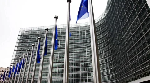 Flags of EU waving in wind near European Parliament 스톡 동영상 59920291