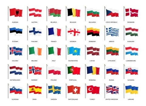 Flags of Europe, waving in the wind - Vector world flags collection Stock Illustration