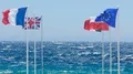 Flags of European Union countries fluttering on amazing seaside background HD Footage