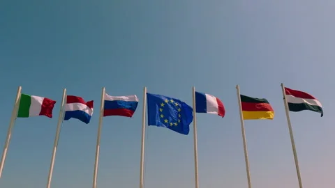 Flags on flagpole of different countries develops on blue sky background Stock Footage 309595654