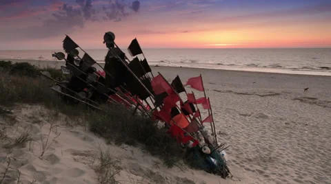 Flags flapping in the wind, Baltic Sea beach, Poland Stock Footage 32594479