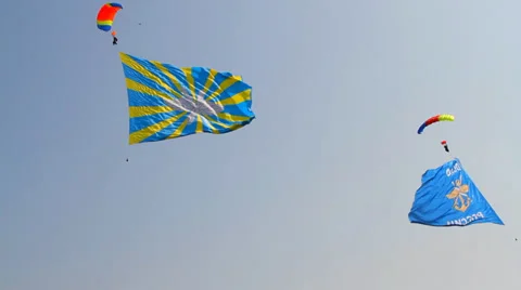 Flags floating in the sky before landing Stock Footage 28365222