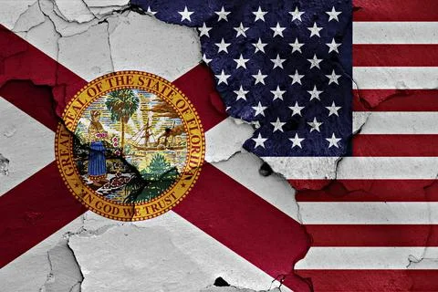 Flags of Florida and USA painted on cracked wall 스톡 일러스트