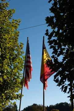 Flags flutter against a clear blue sky Stock Photos