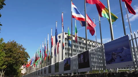 Flags fluttering in the wind in front of the UNESCO in Paris, France Stock Footage 218202116