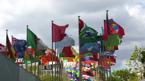Flags fluttering in the wind in front of the UNESCO in Paris, France Stock Footage 273771639