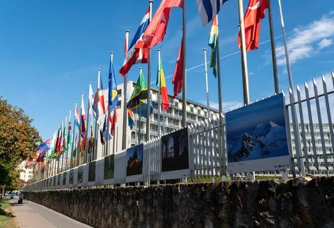 Flags fluttering in the wind in front of the UNESCO in Paris, France Foto stock