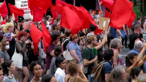 Flags fly as 30,000 peaceful demonstrators walk the city streets of Sydney. Video stock 129479320