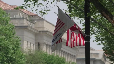 Flags fly outside a federal building Stock Footage 345278565