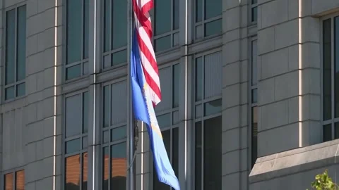 Flags fly outside a federal building in Washington DC Stock Footage 345299868