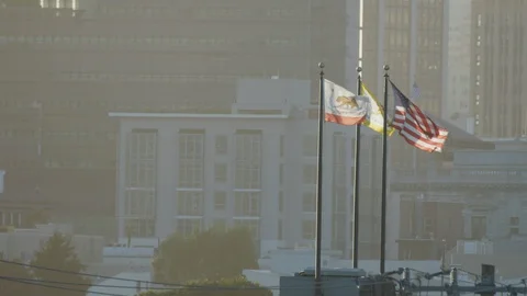 Flags fly in slow motion at sunset in San Francisco Видео 129523825