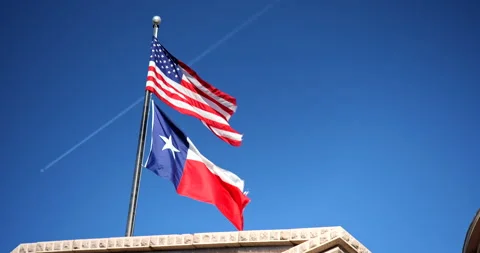 Flags fly on the Texas State Capitol building on Congress Avenue in downtown Stock Footage 205484404