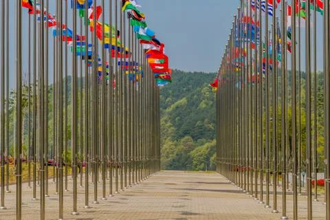 Flags flying on chrome flagpoles Stock Photos
