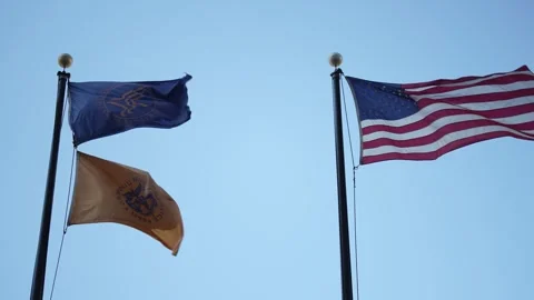 Flags Flying in Front of Health and Human Services Building in Washington DC Stock Footage 305555053