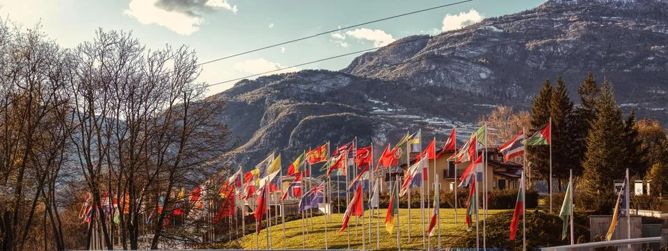 Flags flying on the mountain. Stock Photos