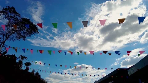 Flags in front of a cloudy blue sky 库存影片 148732953