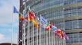 Flags in front of The European Parliament in Strasbourg HD Footage