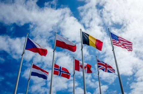 Flags in front of museam in Normandy Stock Photos
