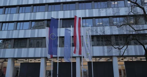 Flags in front of technical university in Vienna. Stock Footage 135585738