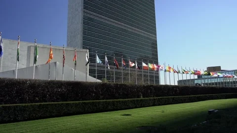 Flags in front of United Nations in NYC. International community. Stock Footage 176124058
