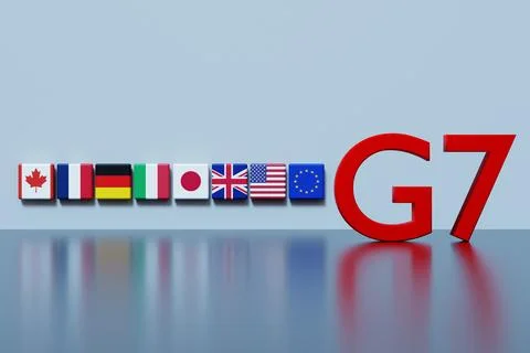 Flags of G7 countries are arranged together. The large red G7 text stands o.. Stock Illustration