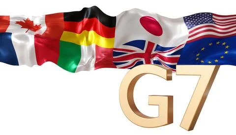 Flags of G7 countries are shown in a cut out render. The flags include Canada Stock Photos