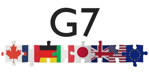 The flags of the G7 countries arranged as puzzle pieces. Each flag is display Stock Photos
