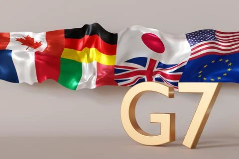 Flags of G7 countries including Canada, Germany, Japan, the UK, the US, and t Stock Illustration
