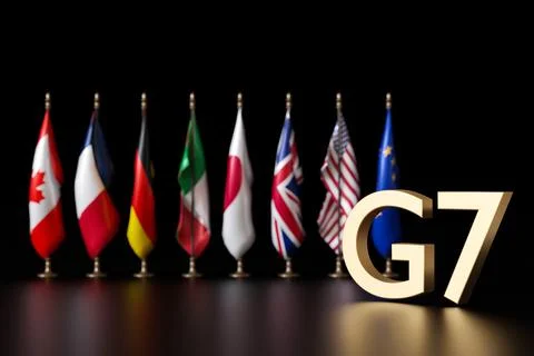 Flags of G7 member countries stand proudly in a row, showcasing diverse nat.. Stock Illustration