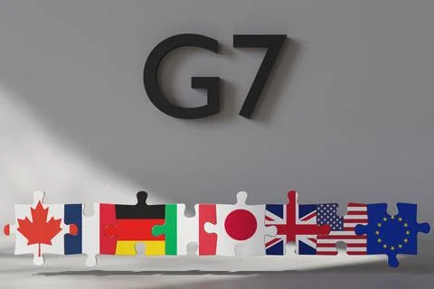Flags of G7 nations are arranged as puzzle pieces, symbolizing unity and co.. Stock Illustration