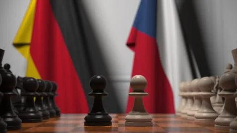 Flags of Germany and the Czech Republic behind pawns on the chessboard. Chess Stock Illustration