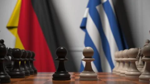 Flags of Germany and Greece behind pawns on the chessboard. Chess game or Stock Illustration