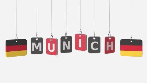 Flags of GERMANY and Munich text on hanging plates. 3D rendering Stock Illustration