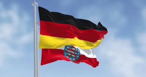 Flags of Germany and Thuringia waving together against blue sky, symbol of .. Stock Footage 305754434