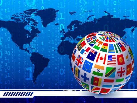 Flags Globe with World Map Binary Code Background Stock Illustration