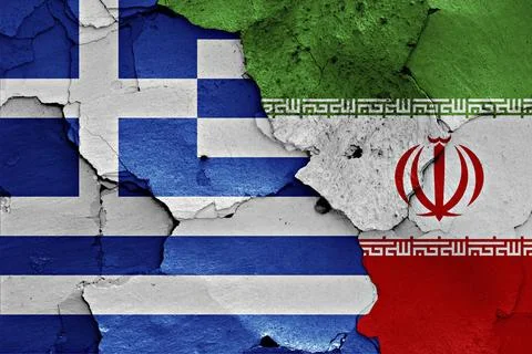 Flags of Greece and Iran painted on cracked wall Ilustração Stock