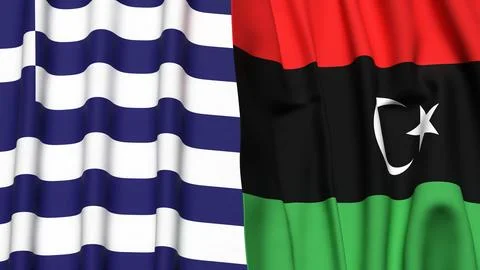 Flags of GREECE and LIBYA with realistic cloth texture Stock Photos