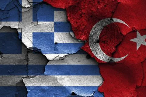 Flags of Greece and Turkey painted on cracked wall Ilustração Stock