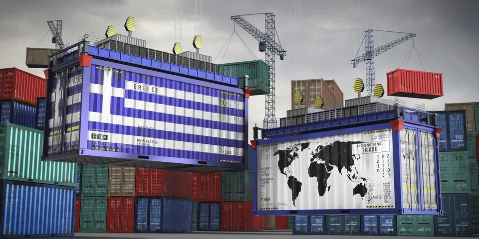 Flags of Greece and world map on cargo containers Stock Illustration