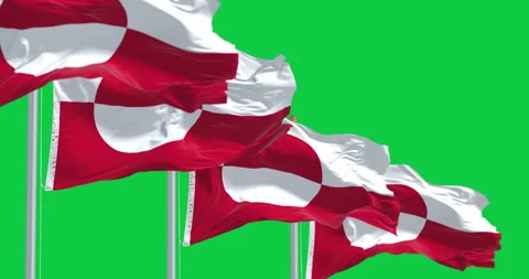 Flags of Greenland waving in the wind isolated on green background Stock Footage 333916887
