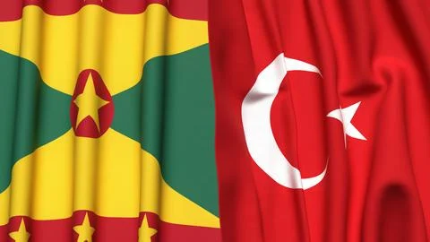 Flags of GRENADA and TURKEY with realistic cloth texture Stock Photos