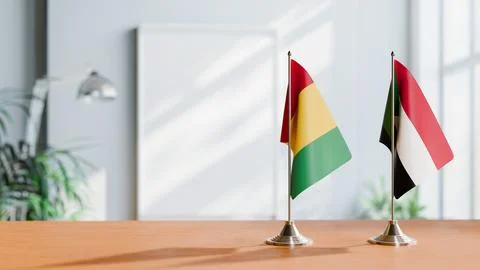 FLAGS OF GUINEA And SUDAN ON TABLE Stock Photos
